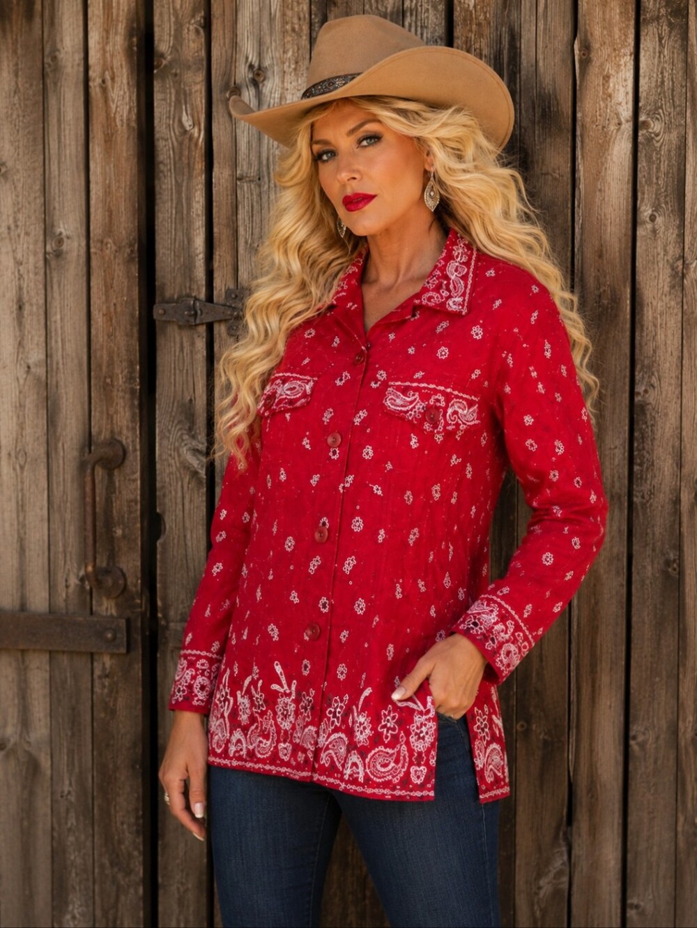 Quacker Factory red bandana western Cowgirl Dolly embellished Jean jacket sz M